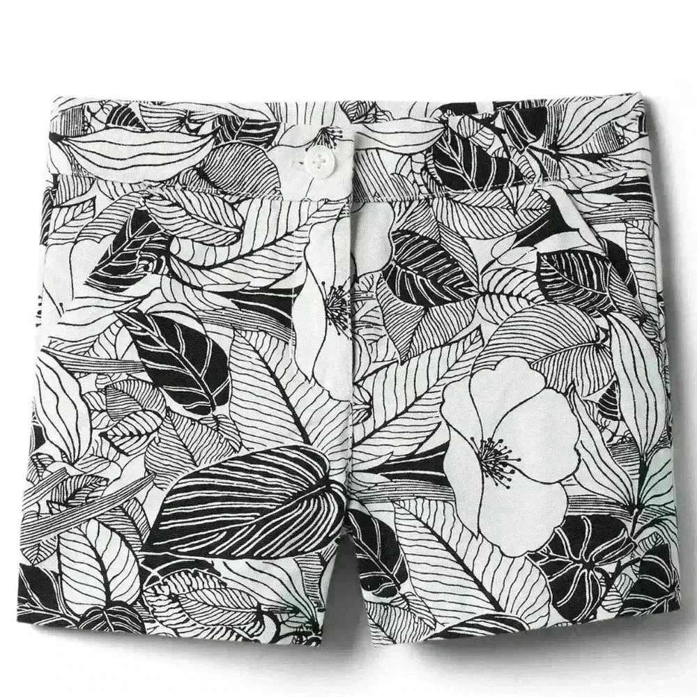 Janie and Jack Kids Girls Floral Print Shorts Size 7 Black White Cotton
